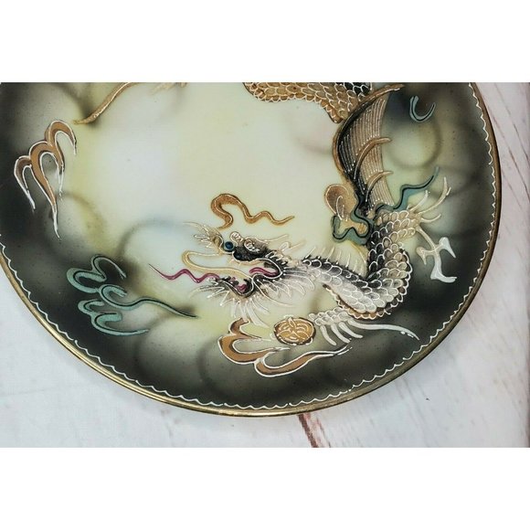 Vintage Hand Painted Japanese Moriage Black Dragon Ware Plate Saucer - Picture 6 of 11